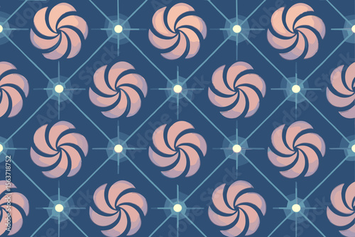 Seamless pink swirl flower pattern on dark blue grid with glowing nodes