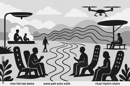 Monochrome illustration of a tech-enhanced relaxation zone with chairs and drone