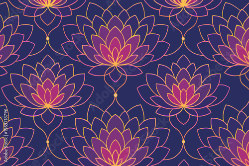 Seamless neon lotus pattern with glowing pink and orange outlines