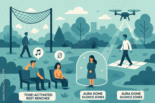 Futuristic park with drone lights, sound benches, and silence domes