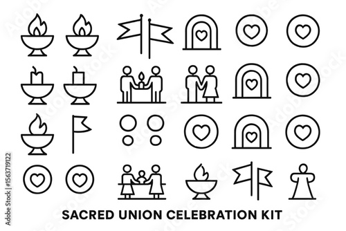 Minimalist icon set for sacred union celebrations with hearts and candles
