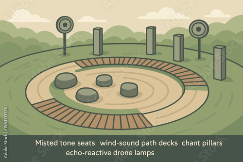 Futuristic outdoor sound garden with labeled interactive elements