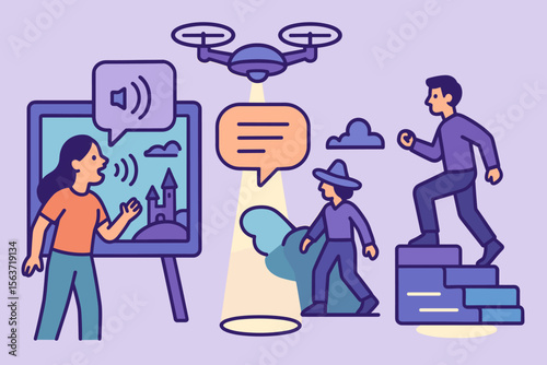 Illustration of interactive learning with a drone, voice commands, and animated characters.