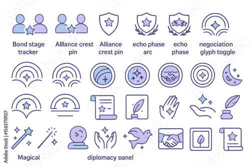 Set of mystical diplomacy panel icons, including magical symbols, shields, scrolls, and doves.