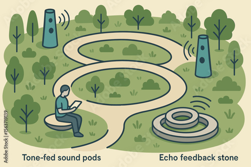 Illustration of a park with sound pods and echo feedback stones along a winding path.