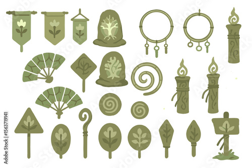 Collection of earthy ritual icons with nature and flame motifs