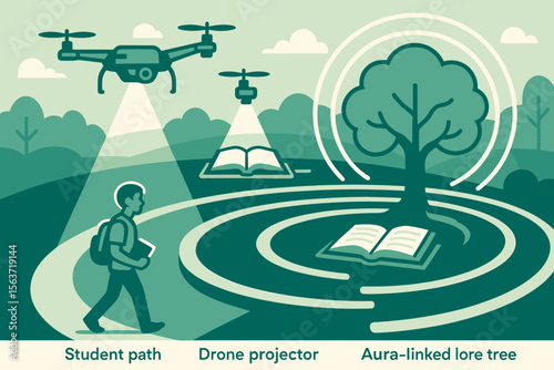 An illustration depicting a student walking along a path, with drones projecting light over books, and a tree surrounded by aura rings