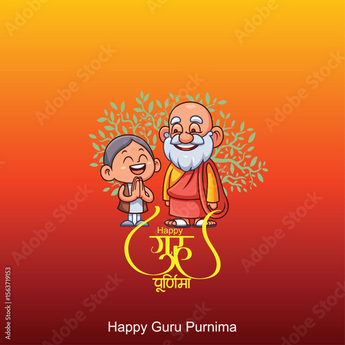 happy Guru Purnima teacher blassing indian  elder, digital illustration, vibrant colors, traditional indian art style teacher is blassing student guru purnima hindi calligraphy