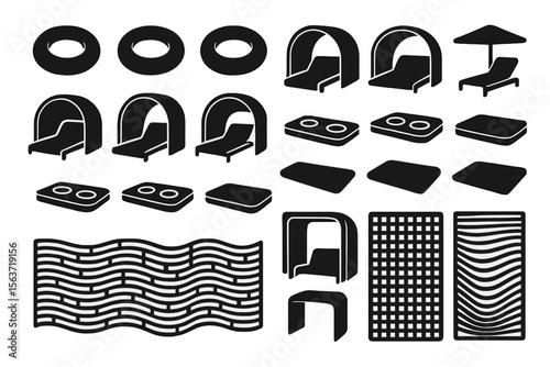 Set of white outline icons of beach and poolside furniture and accessories.