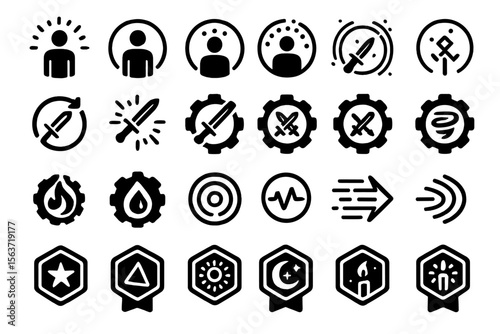 Dark fantasy game icon set with weapons, gears, and status symbols