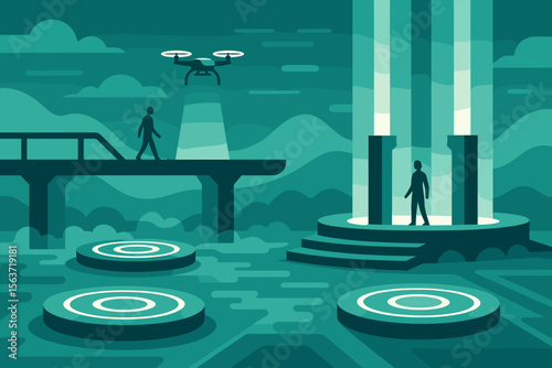 Futuristic drone-scanned platform with glowing pillars and figures