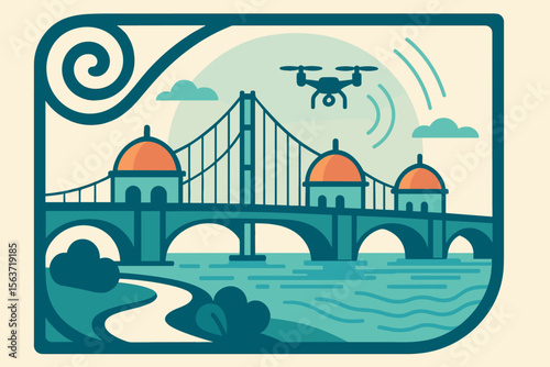 Stylized drone flying above domed bridge with river and path below