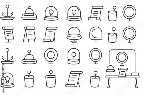 Line art icon set featuring scrolls, light domes, anchors, and desk elements
