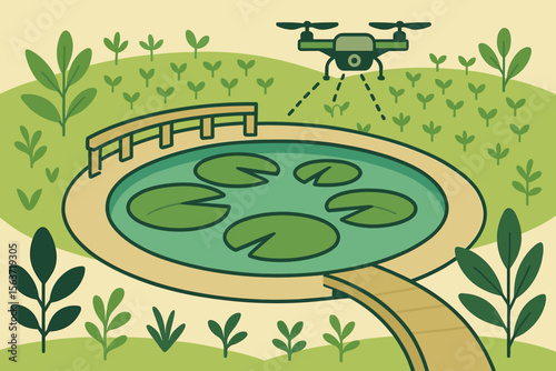 Illustrated smart farm scene with drone, lily pond, bridge, and crops