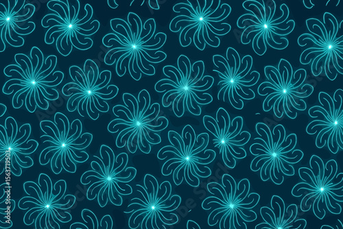 Seamless neon floral pattern with glowing turquoise outlines on dark blue