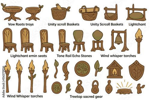 Fantasy hand-drawn icons of wooden furniture, torches, and relics