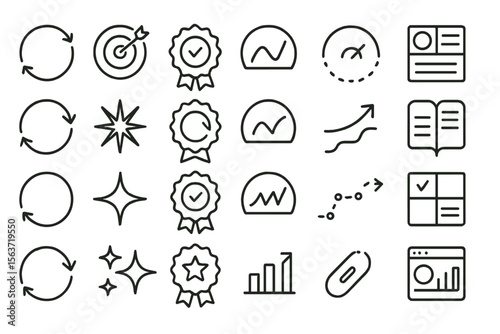 Set of business and productivity icons including arrows, charts, and badges.