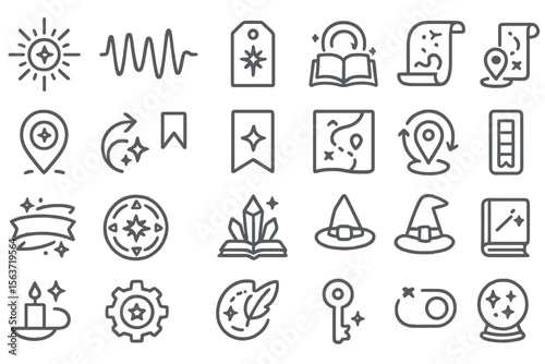 Set of mystical-themed icons including crystals, maps, magic books, wands, and candles.