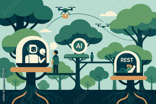 Illustration of futuristic treehouses for AI communication and rest, with drones delivering packages.
