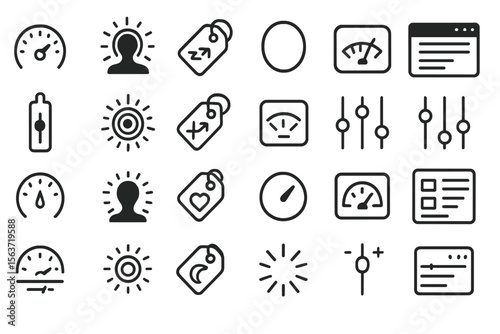 Set of vector icons for settings, user interface, and data tracking.