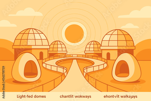 Futuristic solar dome settlement with glowing walkways and pods