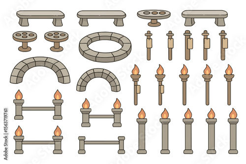 Medieval fantasy props with stone benches, torches, and arches