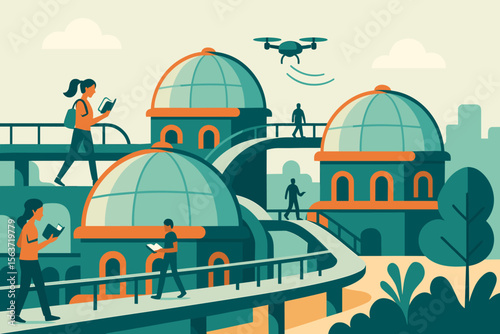Futuristic campus scene with students, domed buildings, and drone