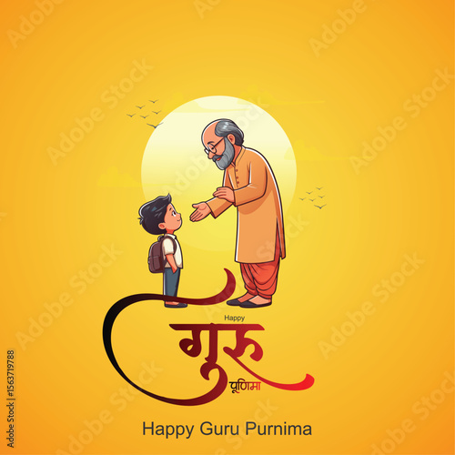 happy Guru Purnima teacher blassing indian  elder, digital illustration, vibrant colors, traditional indian art style teacher is blassing student guru purnima hindi calligraphy