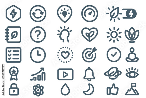Outlined icon set for wellness, mindfulness, and productivity apps
