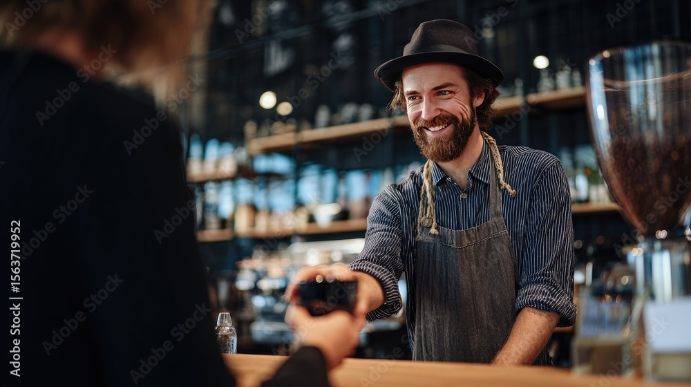 Obraz premium Caucasian male barista handing a freshly brewed coffee to a customer at a stylish cafe counter, friendly expression