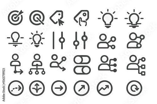 A collection of vector icons including targeting, user interactions, settings, lightbulbs, user profiles, toggles, and arrows.