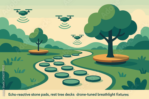 Futuristic park featuring stone pads, rest tree decks, and drone-like fixtures.