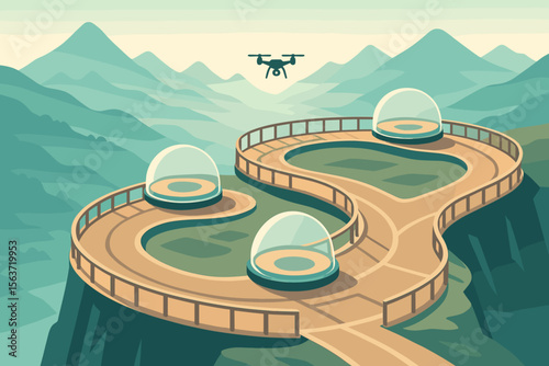 Futuristic circular platform with transparent pods on a mountain, surrounded by scenic landscapes and a flying drone.