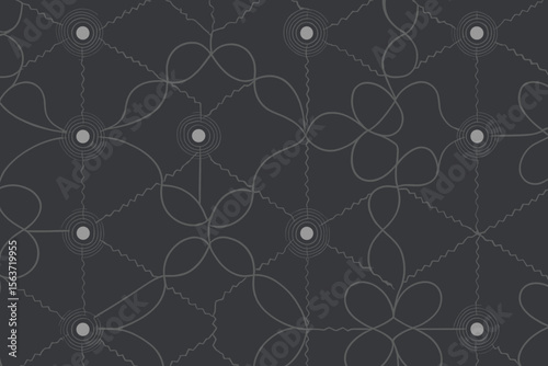 Abstract geometric pattern with concentric circles and looping lines on a dark background.