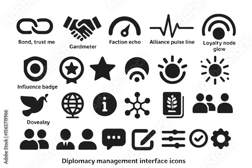 Set of vector icons for diplomacy management, including communication, loyalty, and influence symbols.