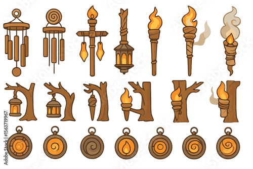 A collection of rustic decorative items including wind chimes, torches, lanterns, and unique tree-inspired lantern designs, perfect for a mystical, earthy ambiance.