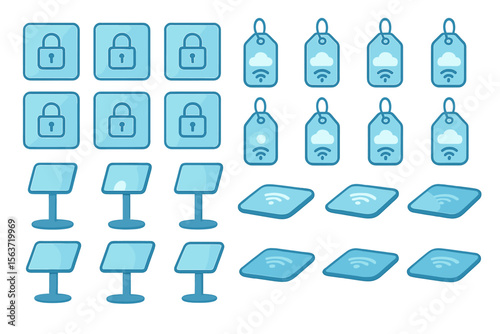 Set of vector icons featuring lock, cloud, wireless, and digital display symbols.