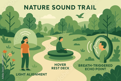 Illustration of a nature sound trail featuring interactive features like light domes, hover rest, and echo points.