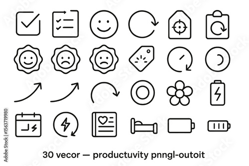 Set of black outline productivity icons including checkmarks, emoticons, and battery symbols.