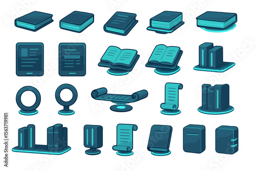 Futuristic glowing book, tablet, and scroll icons with neon accents