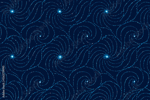 Repeating spiral pattern with glowing blue stars on a dark background.