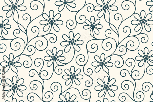 Delicate floral design with swirling vines and soft flowers on a light cream background, featuring dark blue outlines.