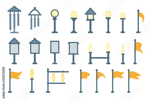 Vector set of 30 signal station icons, including lanterns, flags, and posts with lighting and reflective elements.