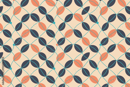 Abstract geometric pattern with interconnected shapes in coral, navy, and teal on a light background.