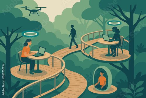 Futuristic working spaces in nature with individuals on floating platforms using laptops, a meditative person in a pod, and a drone overhead in a serene forest setting.