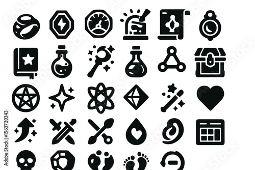 Set of mystical and scientific icons, including a pentagram, potion flask, wizard staff, magic wand, crystal, heart, and science symbols.