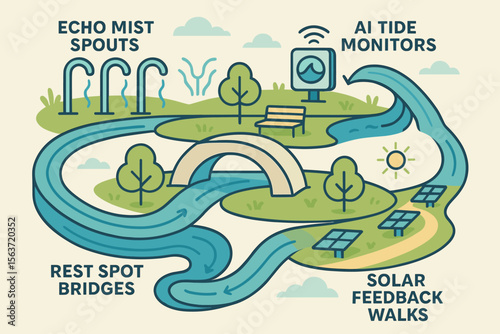 An eco-conscious park design featuring Echo Mist Spouts, AI tide monitors, solar panels, walking paths, and rest spot bridges, blending nature with modern technology for sustainability.