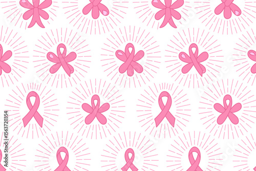 Seamless pink ribbon and flower pattern with radiant lines on white background