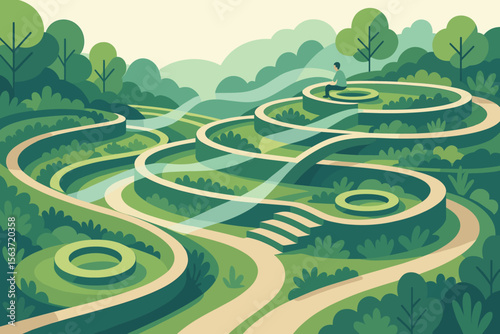 Person meditating in a terraced garden maze with winding paths and greenery