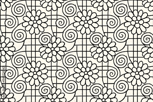 Black and white pattern with floral elements and swirling lines, interwoven within a grid structure, creating a playful and intricate design.